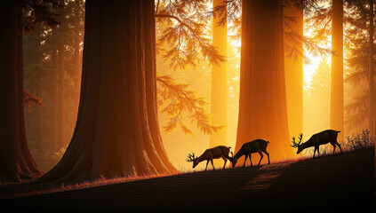 A peaceful forest scene at golden hour captures a majestic group of deer silhouettes bathed in glowing forest light. Surrounded by towering trees and ethereal sunlight, this tranquil forest moment.