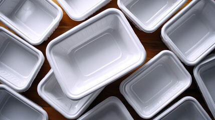 Cross contamination in proper food handling concept. A collection of white containers for food storage and preparation.
