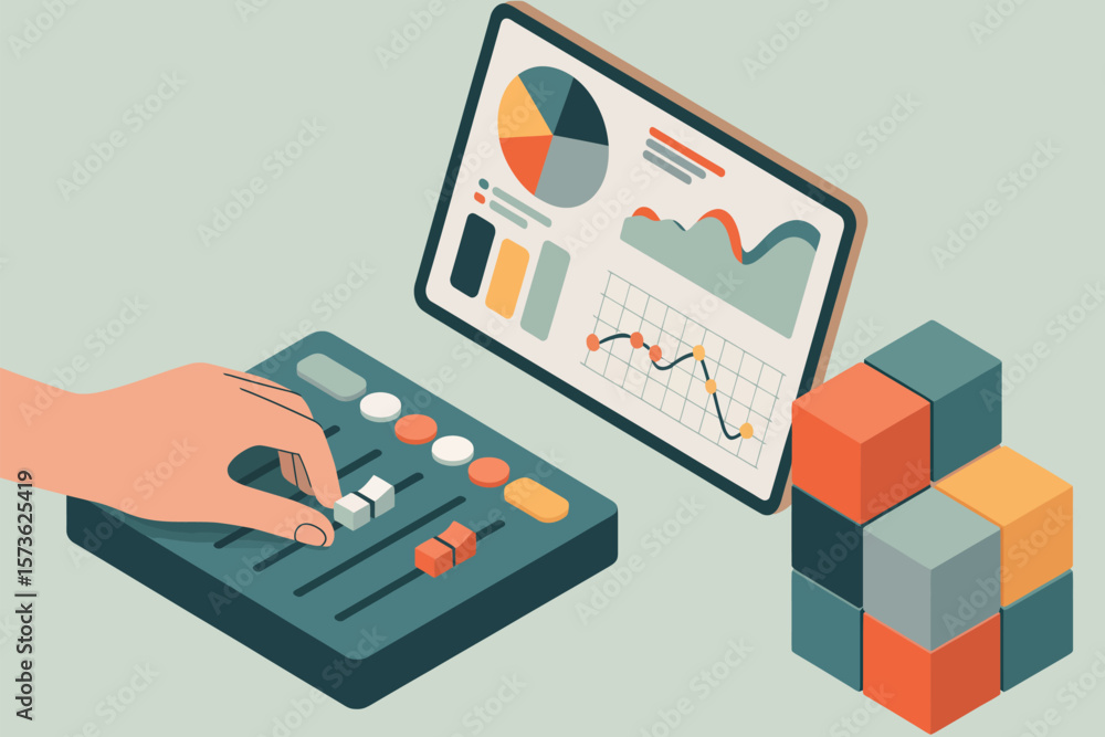 Poster hand adjusting sliders on a mixing board next to a tablet displaying financial charts and data cubes