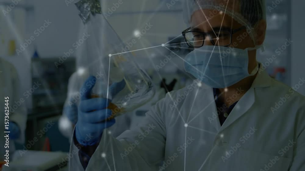 Poster lab scientist holding amber flask, quality checking and comparing foil flask amid network nodes