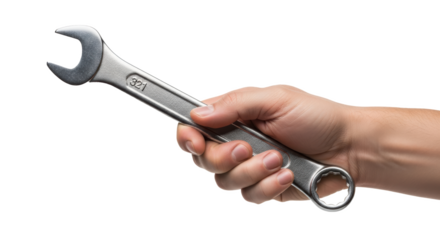 A hand holding a silver wrench with open and closed ends on a black background in a close up view