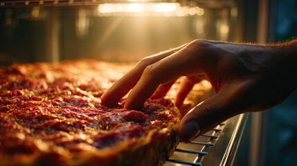 Cross contamination in proper food handling concept. A hand reaching for a freshly baked pizza in a warm oven.