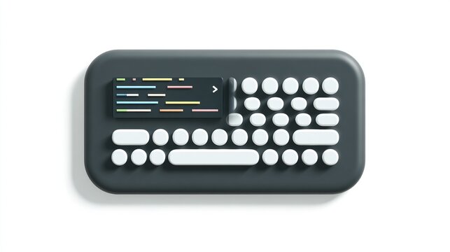 Stylized keyboard with code snippet hovering, on white backdrop with soft shadows