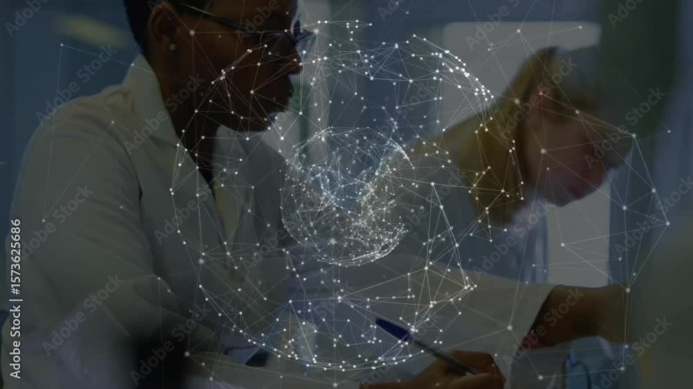Poster globe overlay appearing to show data as chemist taking notes and researcher inspecting beaker