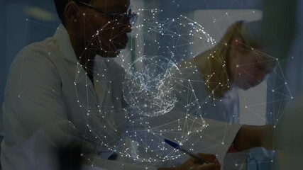 Globe overlay appearing to show data as chemist taking notes and researcher inspecting beaker - Powered by Adobe