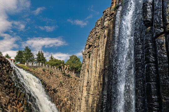 Waterfalls and basalt columns in Prismas Basalticos, Huasca de Ocampo, Mexico