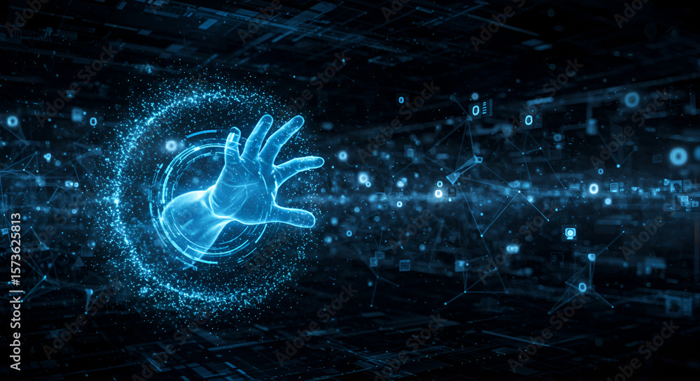 Poster digital hand reaching out from a futuristic interface with data and technology