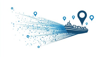 Image depicts a container ship with a trail of dots & location markers, indicating tracking