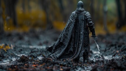 Armored figure, back to viewer, with sword in muddy landscape, wearing cloak