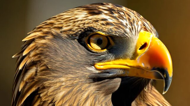 Detailed eagle head featuring intense orange eyes and a large yellow beak