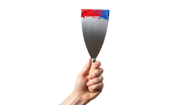 A hand holding a metal spatula with red and blue paint on the end against a black background plain style