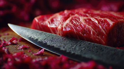 Cross contamination in proper food handling concept. Close-up of a fresh cut of meat beside a sharp knife.