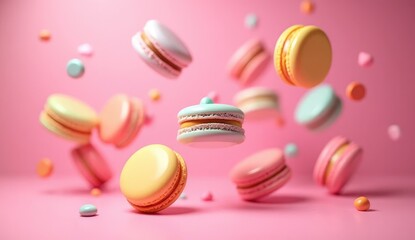 Obraz premium Floating macarons in pastel colors against a pink background create a sweet and playful composition