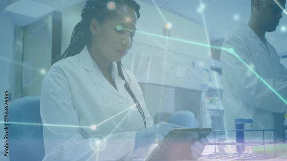 Poster female scientist tapping tablet screen at lab bench, generating overlay showing research network