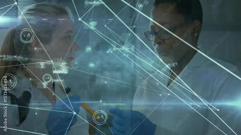Poster two scientists in lab rotating and inspecting test tube with digital overlays analyzing sample
