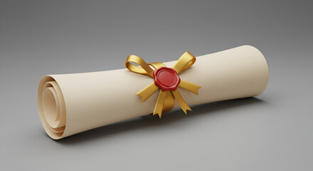 Elegant graduation diploma scroll tied with golden ribbon presented on a soft grey background