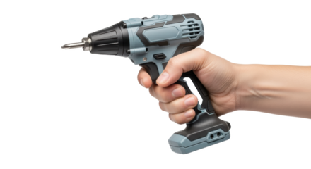A hand holding a grey and black cordless drill against a black background in a studio setting
