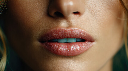 Naklejka premium Vomiting symptoms from cross contamination concept. Close-up of beautiful lips with natural makeup.
