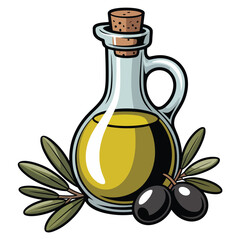 Cartoon Illustration of Olive Oil Bottle with Olives