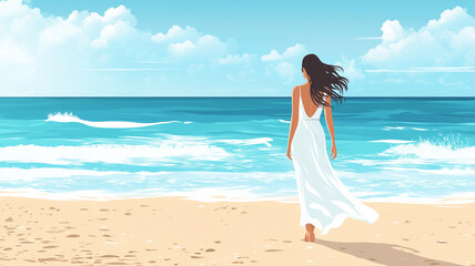 Watercolor woman walking on beach generative ai.	
