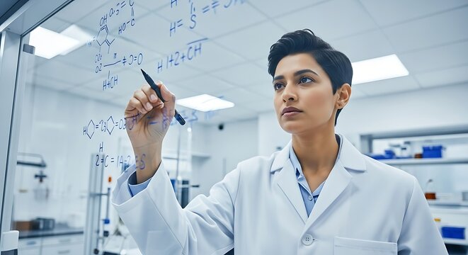 Focused Female Scientist Writing Complex Equations on Glass Board in a Modern Lab