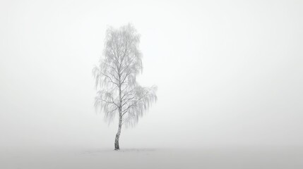 A solitary bare tree stands in a vast, snow-covered landscape under a foggy sky, evoking simplicity and solitude.