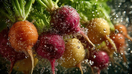 Proper food handling prevents foodborne outbreak concept. Colorful radishes submerged in sparkling water, showcasing freshness.