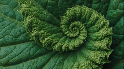 A close-up of a green, textured leaf curling in a spiral pattern, showcasing natural details and vibrant shades of green.