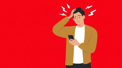 A worried man looks at his phone, scratching his head with stress or confusion, set against a bold red background.