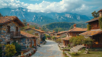 Village scene stone buildings, red tile roofs, distant mountains, cloudy sky