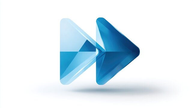 Blue layered geometric forward arrow icon on white background, soft lighting, shadow