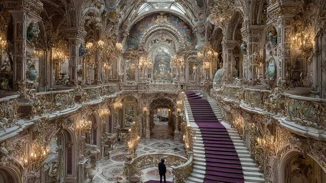 Elegant baroque ballroom interior with intricate detailing and grand staircase architecture
