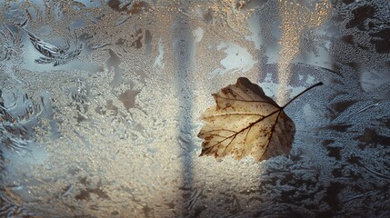 A single dry leaf rests on a frosty, icy surface, highlighting the transition between autumn and winter with intricate frost patterns.