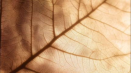 Close-up of a delicate leaf showing its intricate vein structure in warm brown and beige tones.