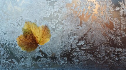 A single yellow autumn leaf is frozen against a frosted window with intricate ice patterns.