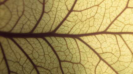 Close-up of a leaf showing intricate vein patterns and delicate texture illuminated by soft light.