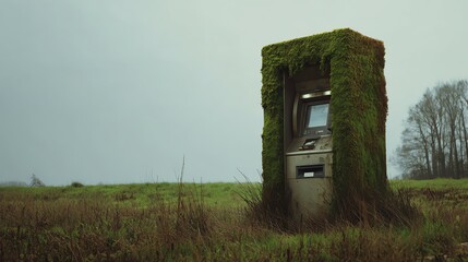 An abandoned ATM overgrown with moss stands alone in a field, blending technology with nature in a misty, rural landscape.