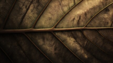 Close-up of a dried leaf showing intricate veins and texture with warm, golden lighting highlighting its detailed natural patterns.