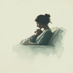 A serene digital painting of a mother tenderly holding her sleeping baby, evoking warmth and calm in muted tones.