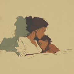 A tender illustration of a mother lovingly holding her sleeping child, conveying warmth, care, and deep emotional connection.