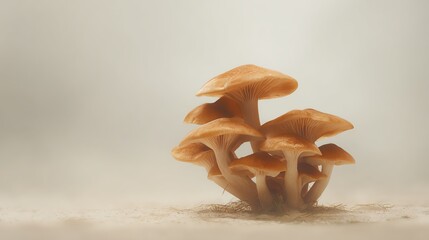 A small cluster of light brown mushrooms growing closely together on a soft, neutral background with fine details of their gills visible.