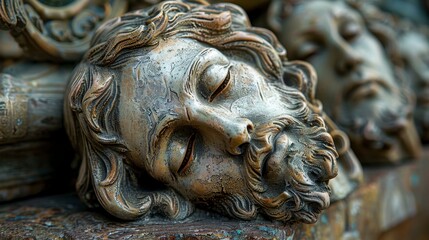 Carved wooden face detail; serene expression, closed eyes, lying on its side, ornate base