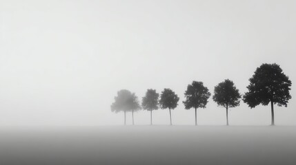 A row of seven trees gradually increasing in size from left to right, standing in a foggy, minimalist landscape with a soft gradient background.