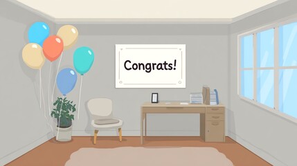 A cozy room with a desk, chair, balloons, a plant, and a "Congrats!" sign celebrating an achievement.