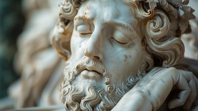Marble statue head of bearded, sleeping figure with leafy crown, eyes closed, hand resting on head