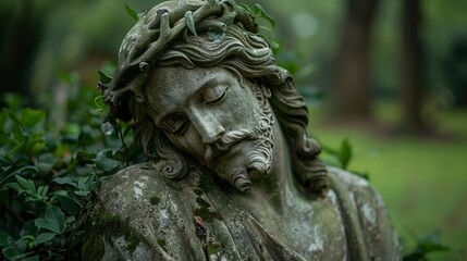 Fototapeta premium Jesus statue, crown of thorns, eyes closed, weathered, resting on greenery