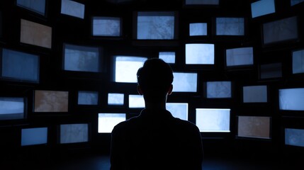 A silhouette of a person facing multiple glowing screens in a dark room, creating an immersive digital environment.