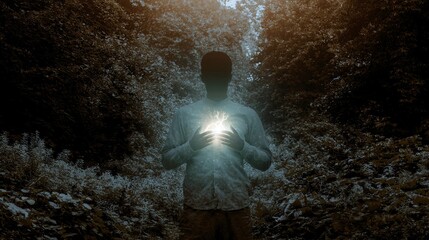 A silhouette of a person standing in a dark forest holding a glowing orb of light at chest level, surrounded by dense trees and illuminated by a warm glow.