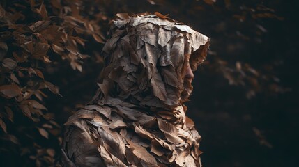 A person camouflaged with dried brown leaves stands amid a dark, leafy background, blending seamlessly with nature in an artistic, autumn-inspired scene.