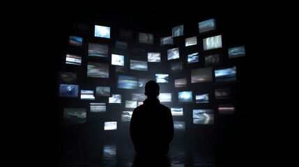 A person stands in front of a dark wall filled with multiple illuminated screens showing various images, creating a futuristic and immersive viewing experience.